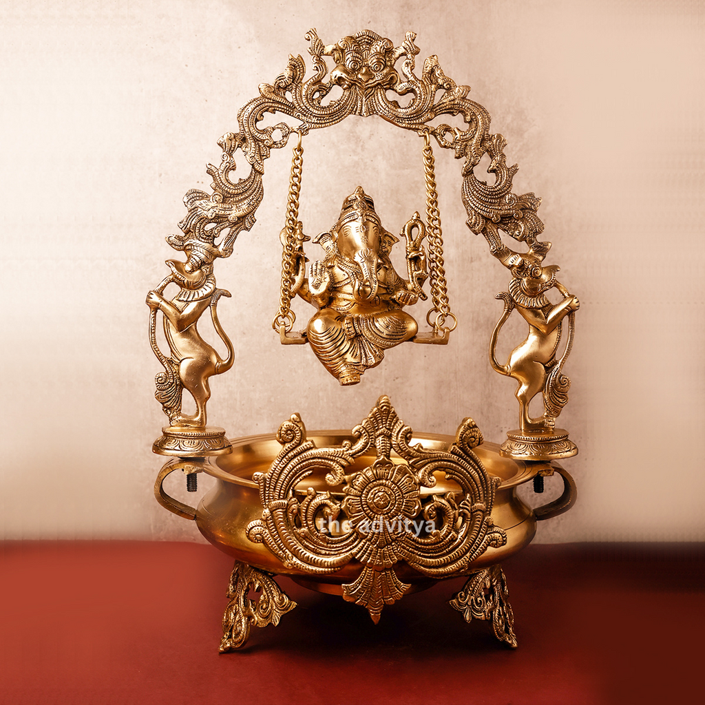 waterbowl,round bowl,nachonowls,decorativesbowl,Brassurli,Brass Decorative Lord Ganesha on Swing Brass Urli