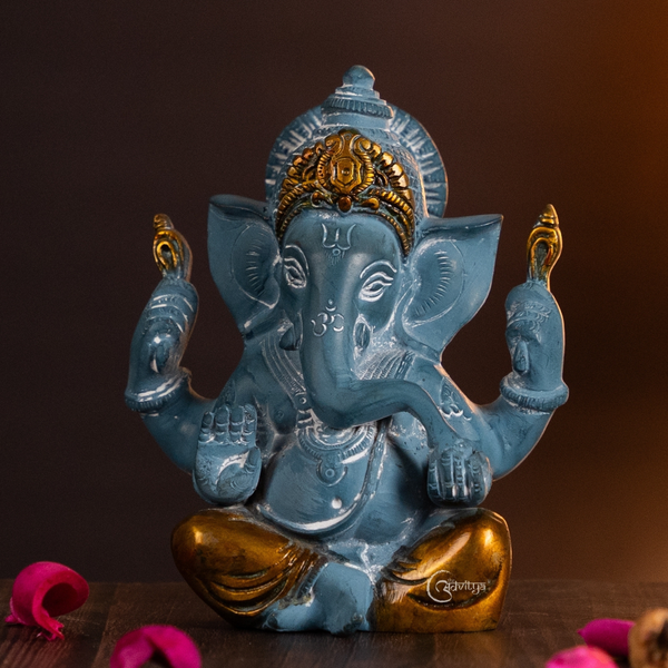 Brass Blue Ganesha Sitting Idol