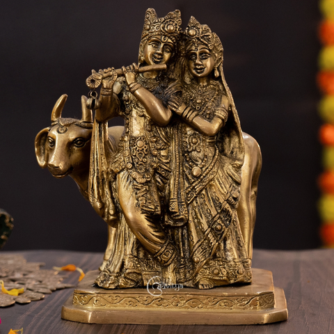 Radha Krishna Statue Divine Brass Pair with Cow