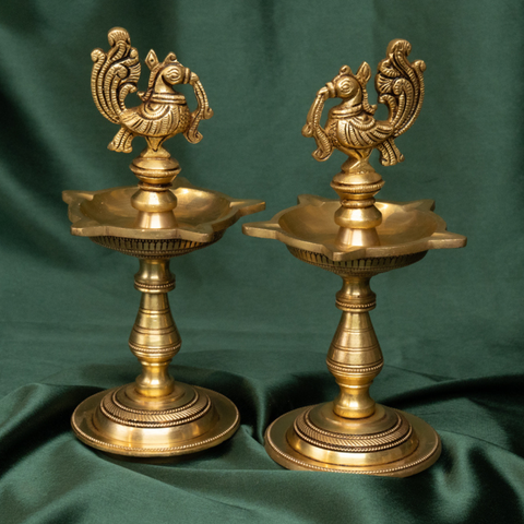 Brass Peacock Oil Lamp (Set of 2) | Traditional Deepak for Puja & Decoration