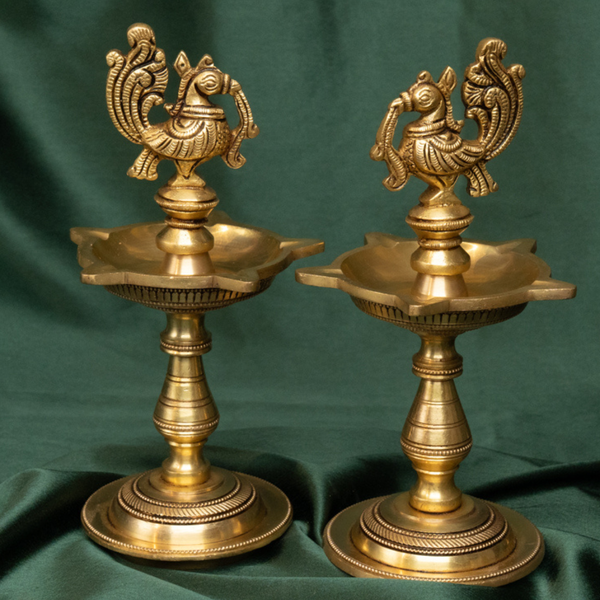Brass Peacock Oil Lamp (Set of 2) | Traditional Deepak for Puja & Decoration