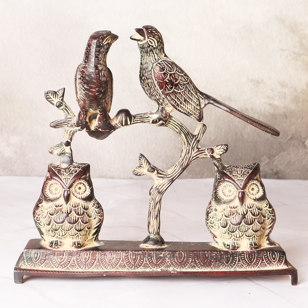 Antique Brass Bird Pair Sitting On Branch  With Two Owls