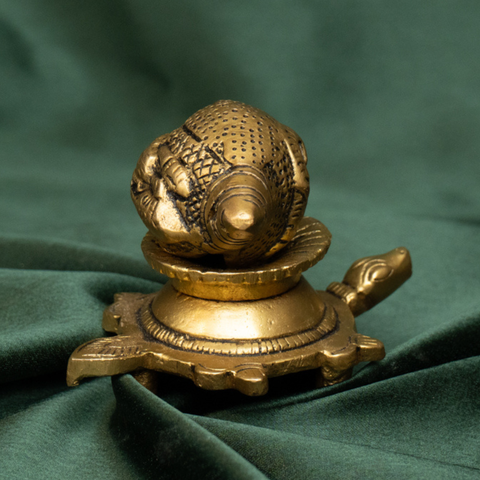 Brass Shankha On Tortoise Stand with Ganesha Detailing