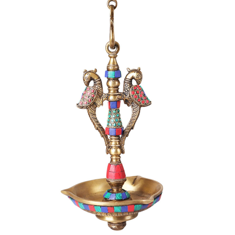 Brass Peacock Hanging Diya With Mosaic Work