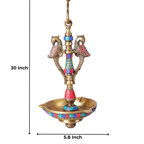 Brass Peacock Hanging Diya With Mosaic Work