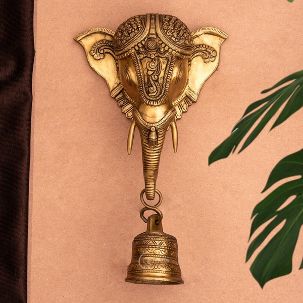 Brass Ganesha Face Wall Hanging With Bell