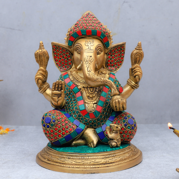 Brass Ganesha with Stone work (Inlay) in Aashirwad Mudra