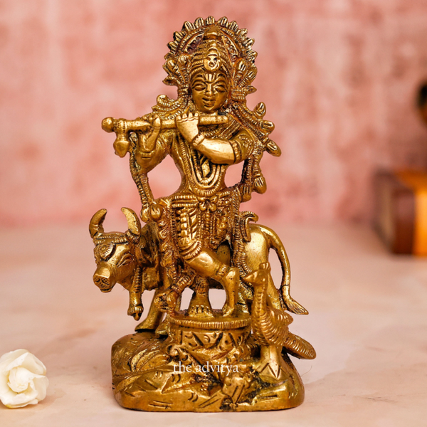 Lord Krishna Idol Standing With Cow & Peacock