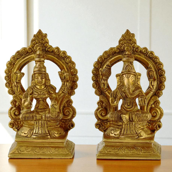Brass Lakshmi Ganesha Statue Pair in Ring