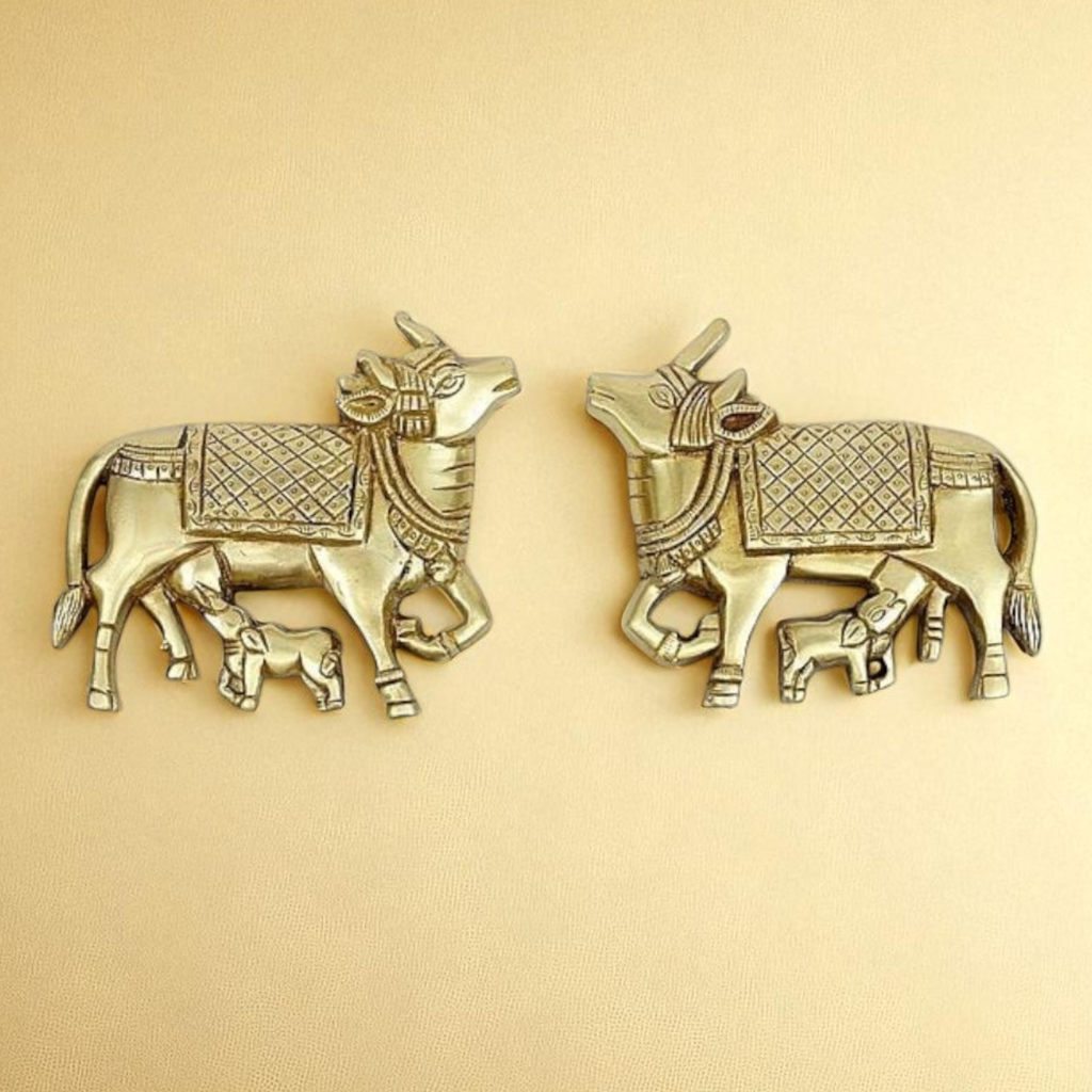Brass Nandi Cow and Calf Wall Hanging – Traditional Indian Ethnic Home Decor Showpiece