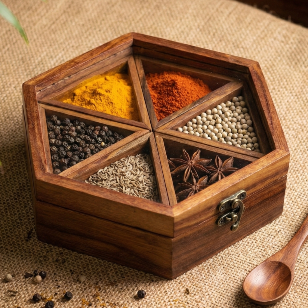 Spice Box with Glass Lid & Spoon | Premium Indian Wooden Masala Dabba for Kitchen & Dining | 6 Compartments | 9 inch