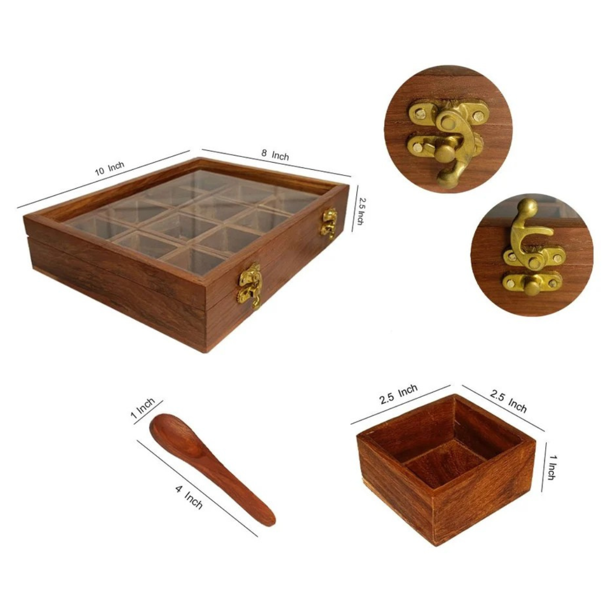 Indian Wooden Spice Organiser with wooden spoon - 10 Inch
