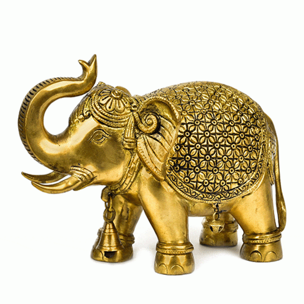 Tabledecor,Elephant Figurine,Regal Elephant Figurine,Elephant Standing With Bell On Neck