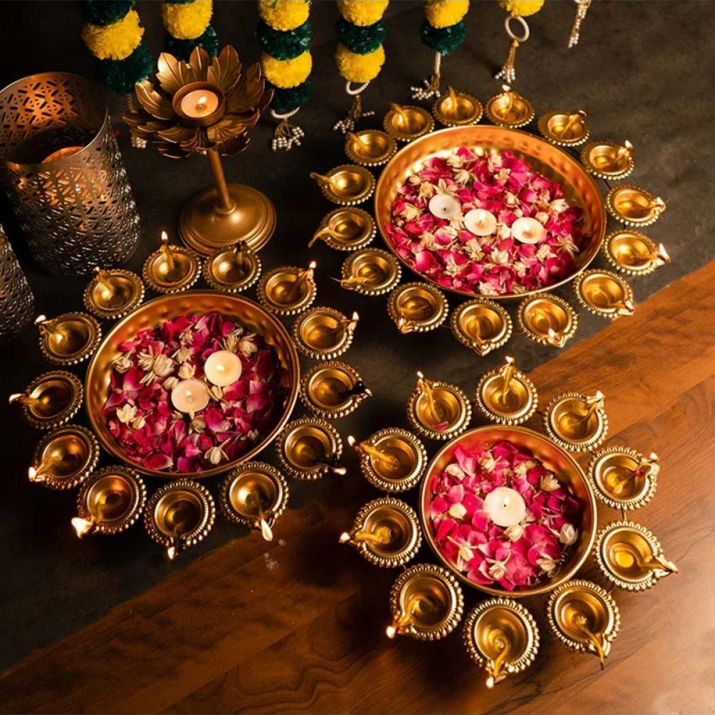 waterbowl,round bowl,nachonowls,decorativesbowl,Brassurli,Brass Decorative urli,Metal Urli Diya (Set of three)