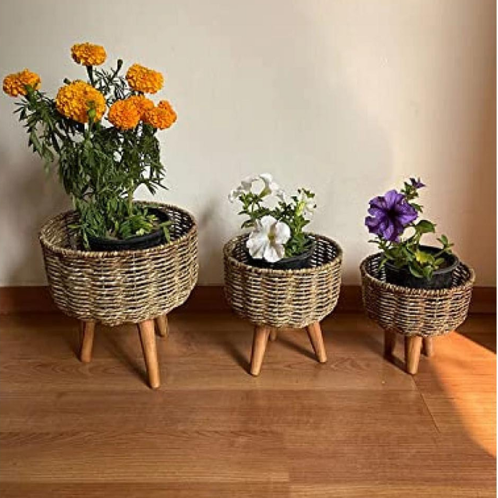 GreenThum Planter,GardenGlow Planter,Botanic Haven,Jute planter,Jute Planter - Pots Basket Set of Three with Wooden Stand