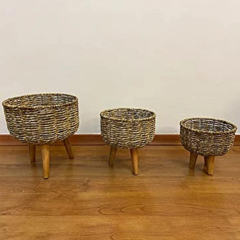 GreenThum Planter,GardenGlow Planter,Botanic Haven,Jute planter,Jute Planter - Pots Basket Set of Three with Wooden Stand