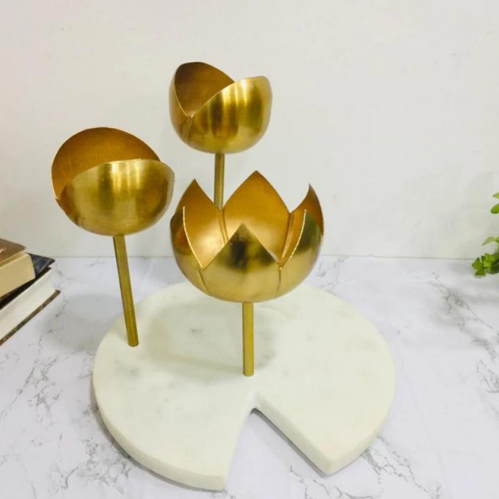 Styling,candle stand,table decor,Enrichmint,Metal Lotus Candle Stand With Marble Base (Small)