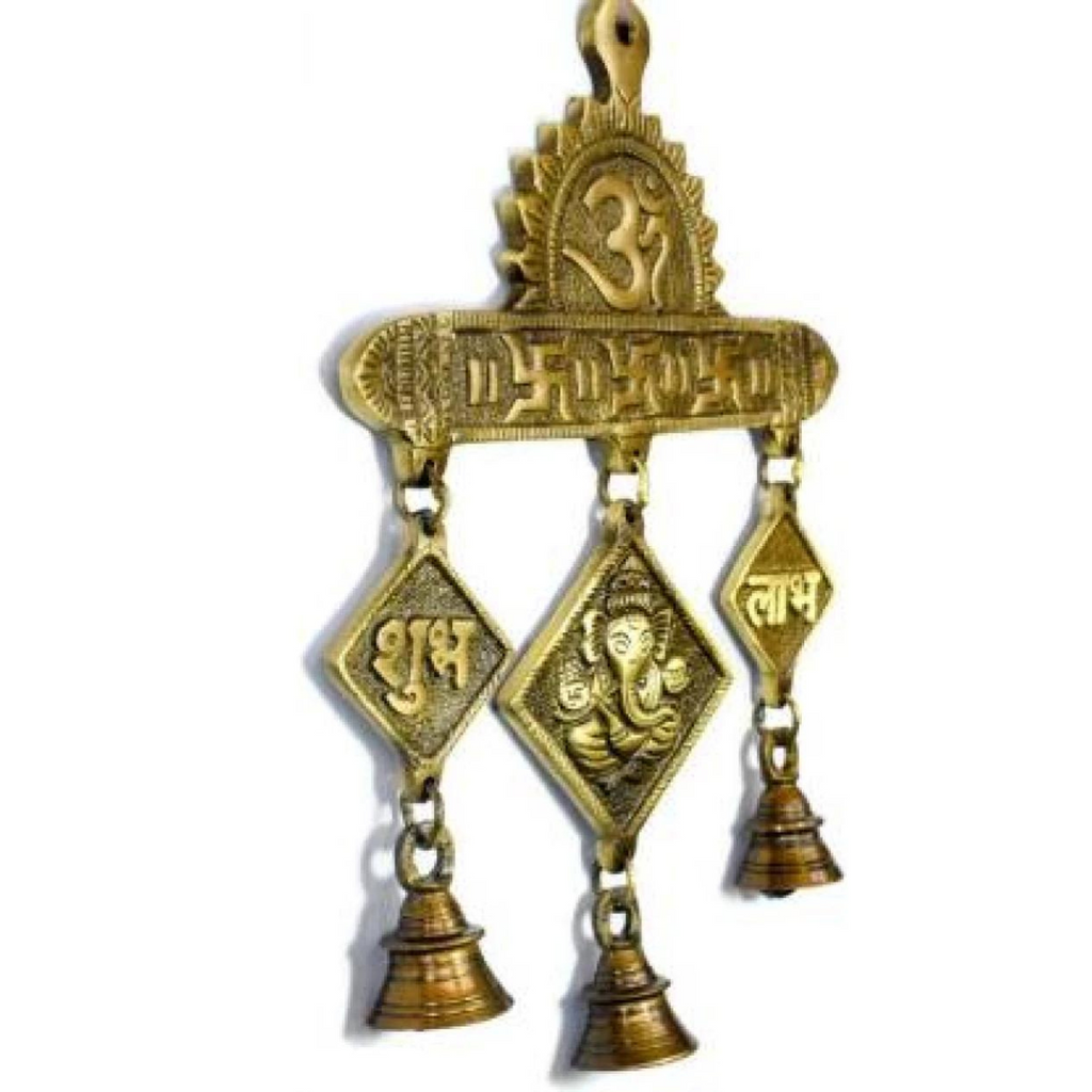 Wall frames,Wall tapestree,Wall decor,Wall art,Wall sculptures,Lord Ganesha Wall Hanging With Om Subh Labh And Brass Bells