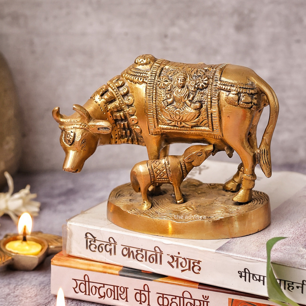 Mahishi,Kamdhenu, Kalyani,Gomata,Vasundhra,Brass Cow with Calf Superfine Medium
