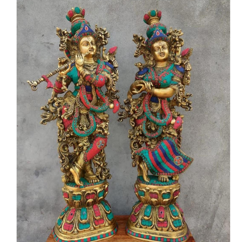 Radheshyaam,Madhavrada,Radha-Krishna,Yamunakrrishna,Brass Radha Krishna Murti with Multicolor Mosaic Stone