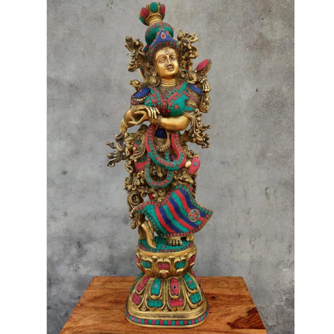 Radheshyaam,Madhavrada,Radha-Krishna,Yamunakrrishna,Brass Radha Krishna Murti with Multicolor Mosaic Stone