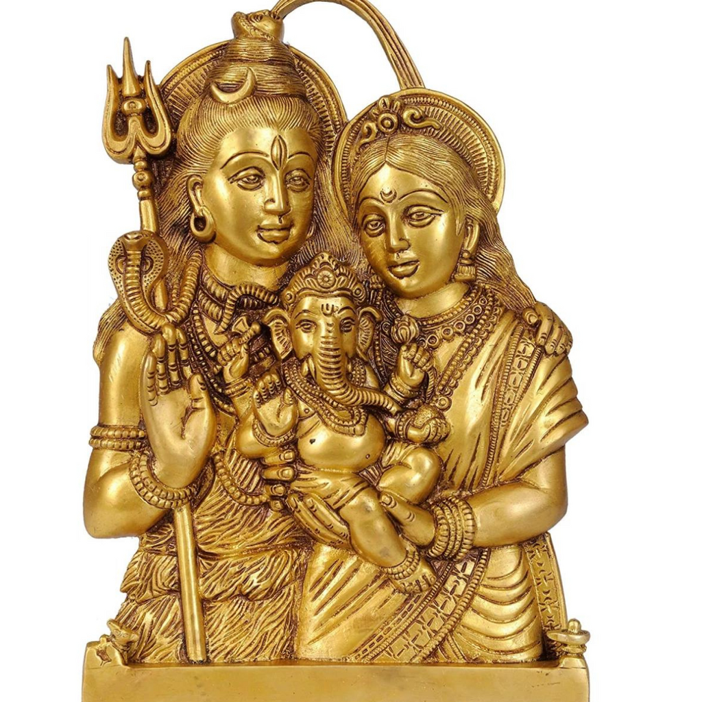 Shambhu,Rudra,Pashupati,Omkareshwar,Nilkant,Brass Shiva Parvati With Baby Ganesha In His Lap