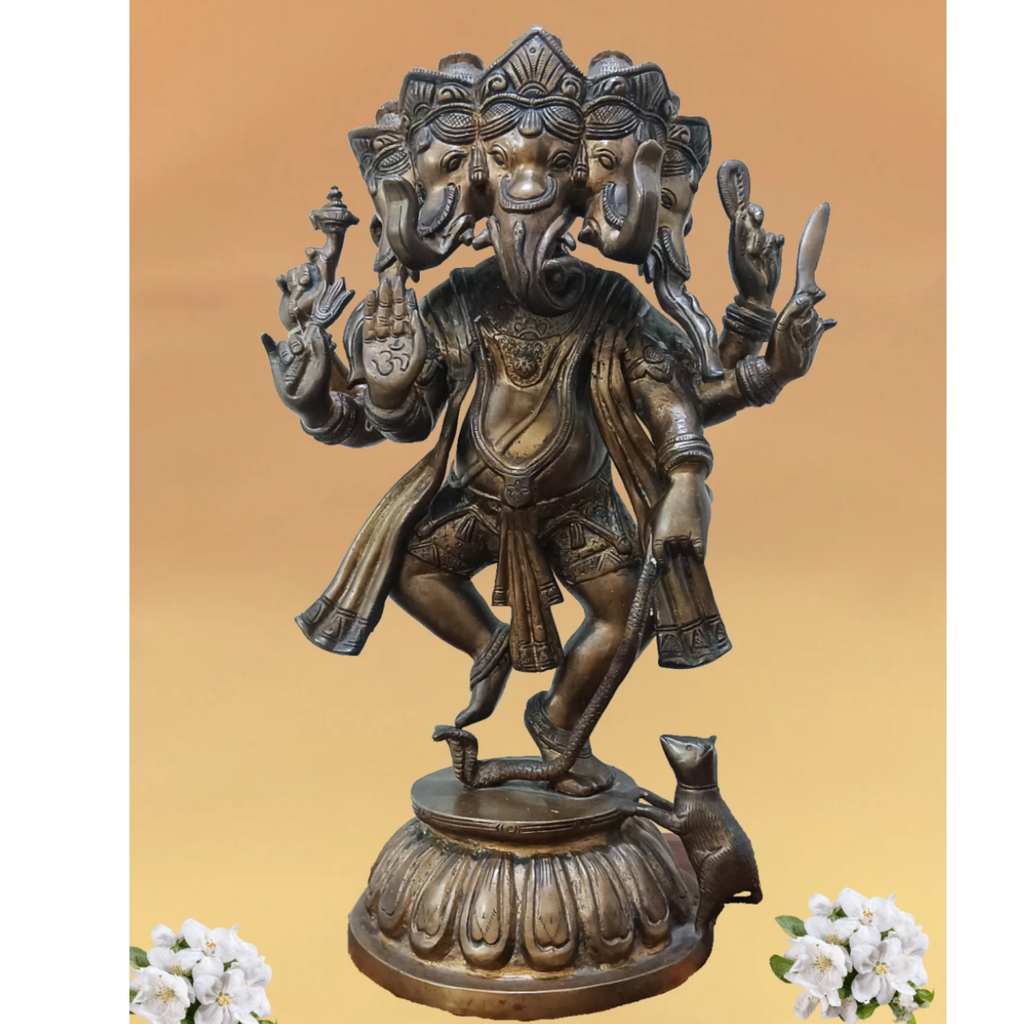 Ganesha,Ganepati,Ganasha,Ganapati,Gajanand,Gajananaa,Gajanana,Ekadanta,Brass Panchmukhi Dancing Ganesha Statue 