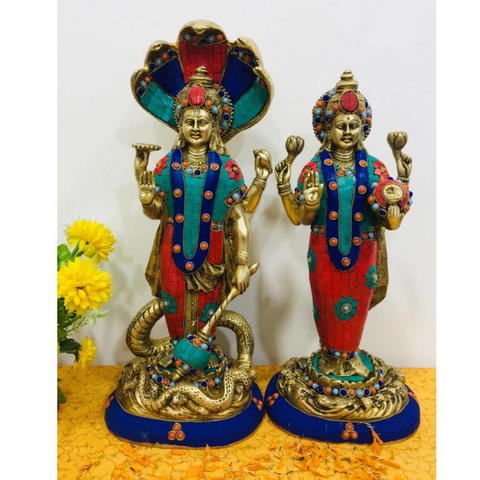 Visnu Laxmi,Vasudev Lakshmi,Srinivasa Lakshmi,Naryan Laxmi,Hari Laxmi,Brass Standing Vishnu Laxmi Pair With Inaly Work