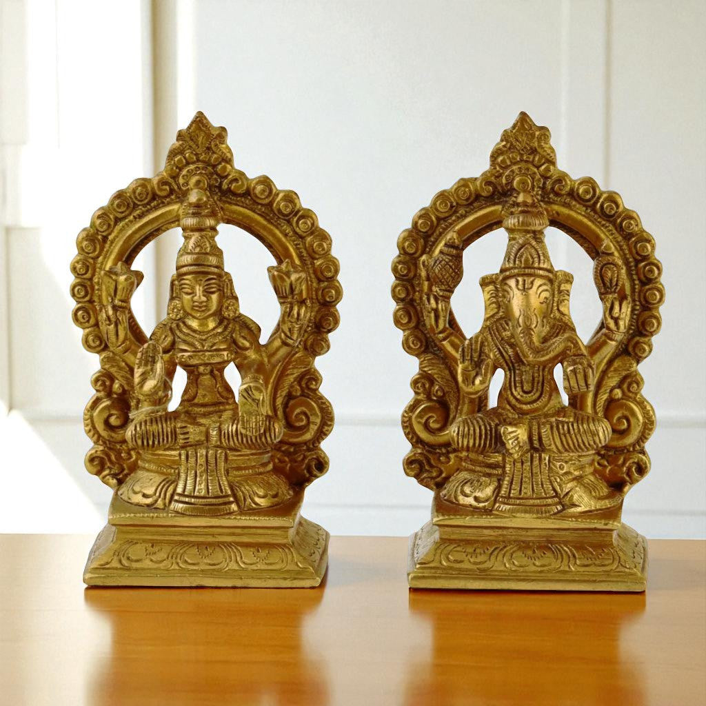 Brass Lakshmi Ganesha Statue Pair in Ring
