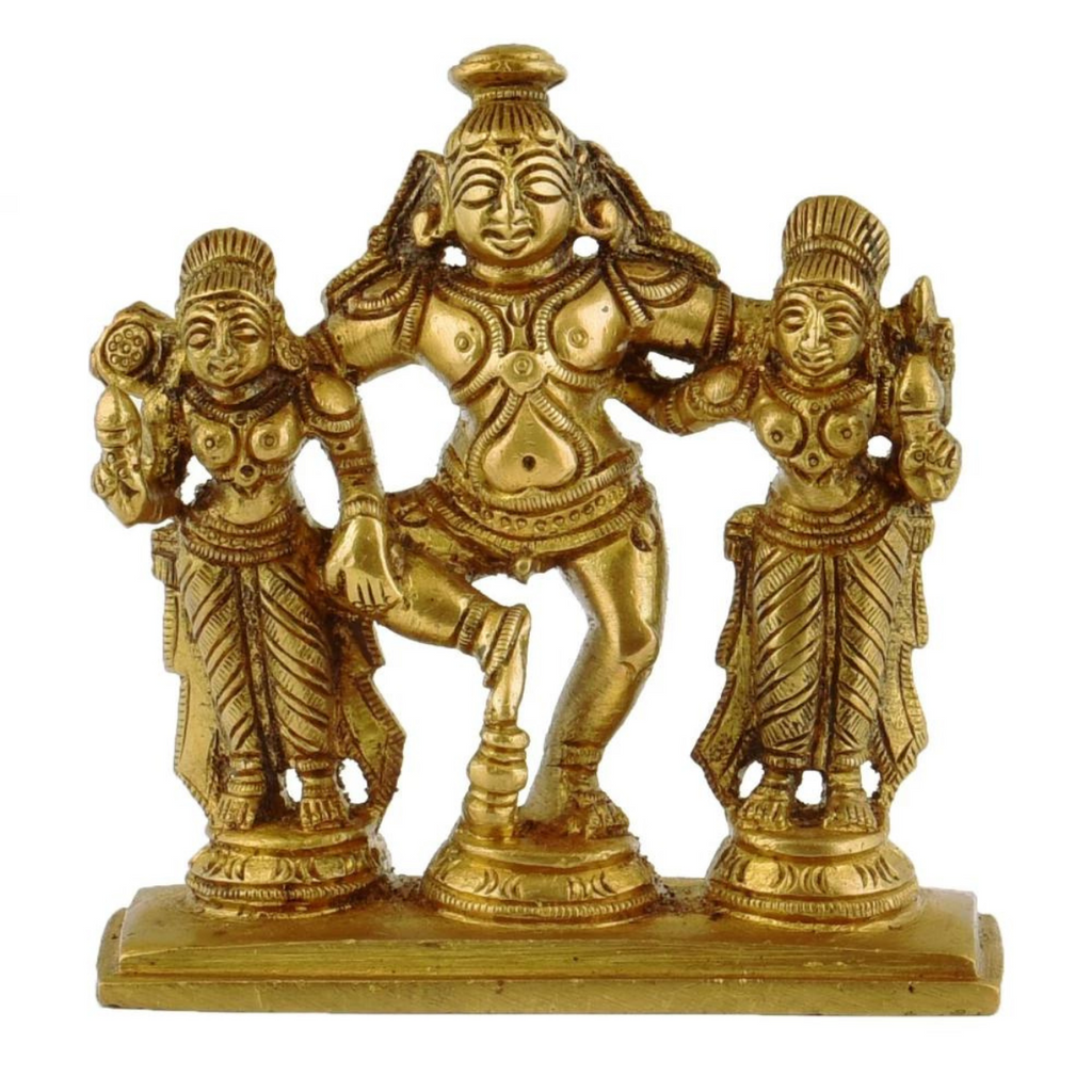 Vasudeva,Shyam,Nandakishore,Murari,Madhva,Mukunda,Keshava,Hary,Hari,Govnda,Dancing Krishna with Rukmani and Satyabhama In Brass 