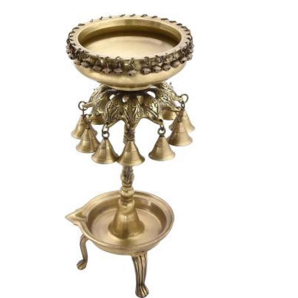 waterbowl,round bowl,nachonowls,decorativesbowl,Brassurli,Round Bells Design Urli with Diya Stand