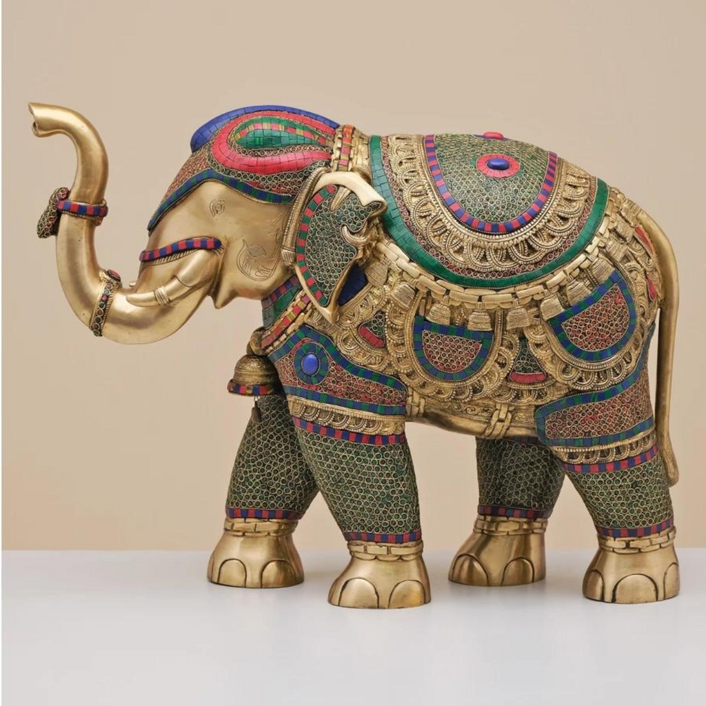 Tabledecor,ProudPeacockFigurine,elephantfigurine,wiseowlfigurine,Handmade Brass Elephant with Inlay Stone Work