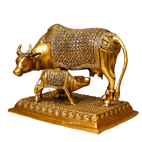 Mahishi,Kamdhenu, Kalyani,Gomata,Vasundhra,Brass Cow with Calf on Platform Large