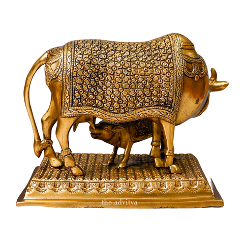 Mahishi,Kamdhenu, Kalyani,Gomata,Vasundhra,Brass Cow with Calf on Platform Large