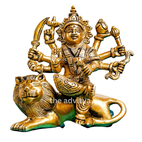 Nava Durgaa,Mahadevi,Katyayani,Mahadevi,Durga ma,Ambika,Brass Durga Idol Sitting on Lion