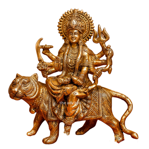 Nava Durgaa,Mahadevi,Katyayani,Mahadevi,Durga ma,Ambika,Brass Durga Idol Sitting on Lion