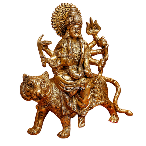 Nava Durgaa,Mahadevi,Katyayani,Mahadevi,Durga ma,Ambika,Brass Durga Idol Sitting on Lion