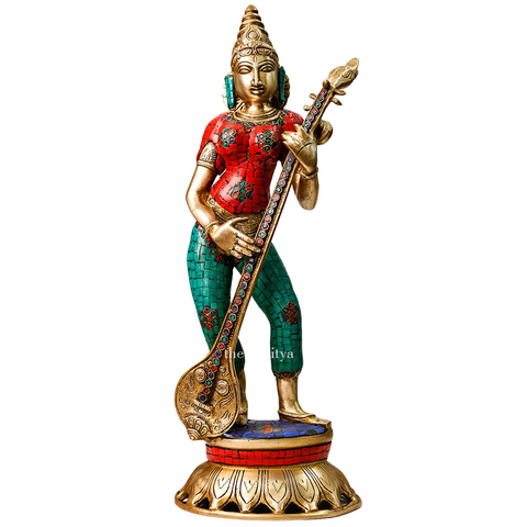 Vidyadati,saraswati,vanda devi,Saraswati Mata,Brahmani,Hansvahini,vinavadni,Brass Mosaic Standing Saraswati Strums on her Veena