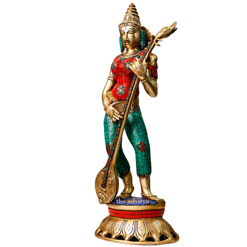 Vidyadati,saraswati,vanda devi,Saraswati Mata,Brahmani,Hansvahini,vinavadni,Brass Mosaic Standing Saraswati Strums on her Veena