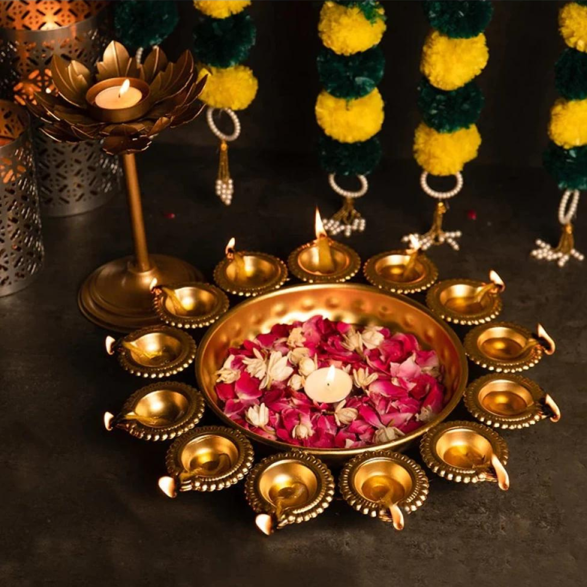 Medium Metal Urli with Diya | Decorative Bowl for Home and Festive Decor