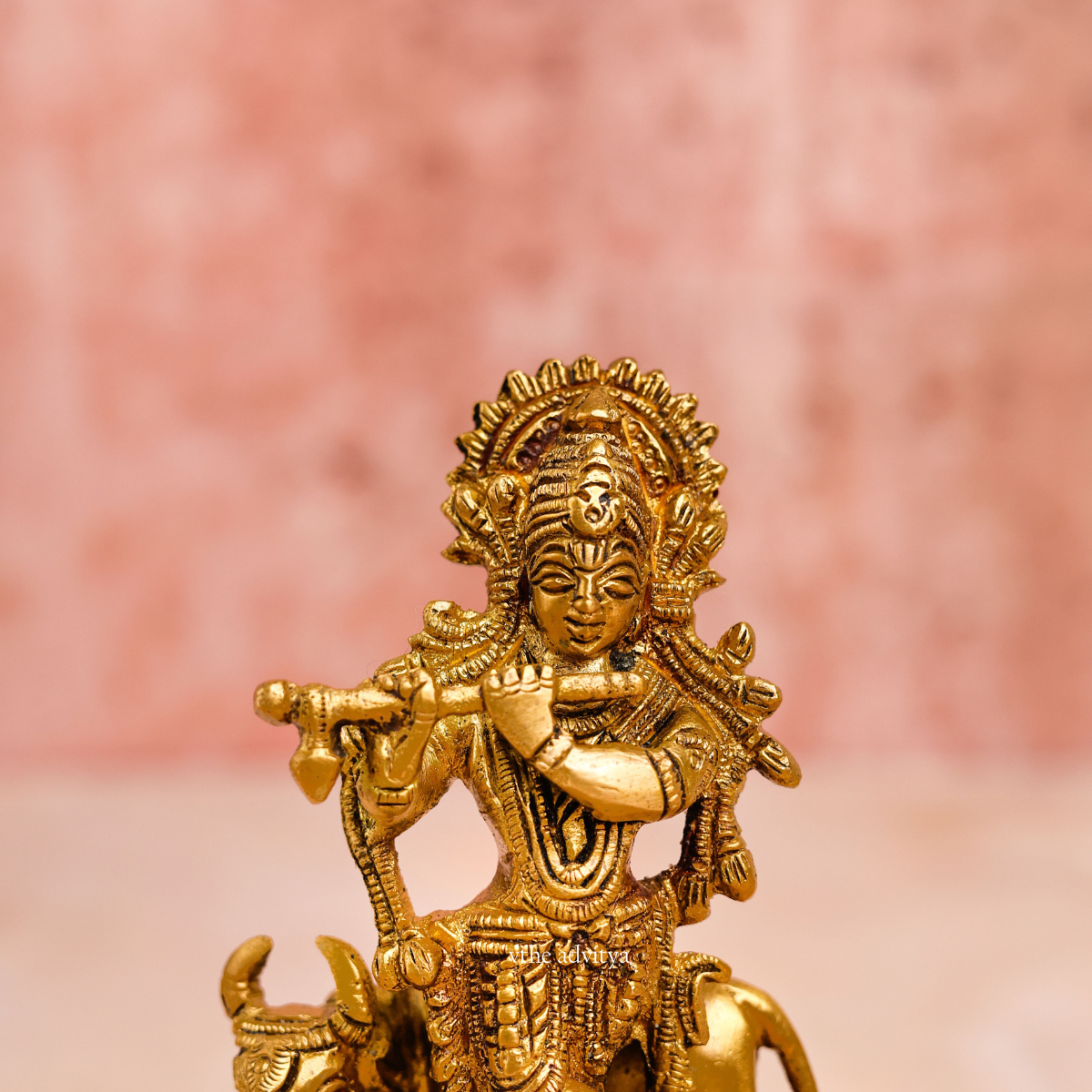 Lord Krishna Idol Standing With Cow & Peacock