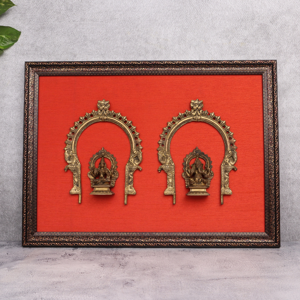 Brass Ganesh & Laxmi on Fabric Wooden Frame