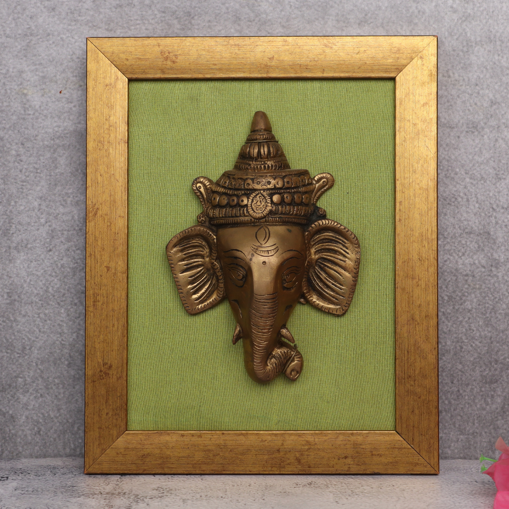 Brass Ganesha on Fabric Wooden Frame