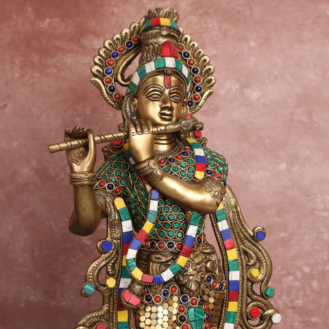 Brass Krishna With  Stone Work