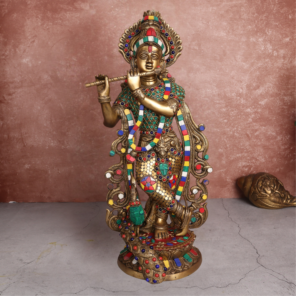 Brass Krishna With  Stone Work