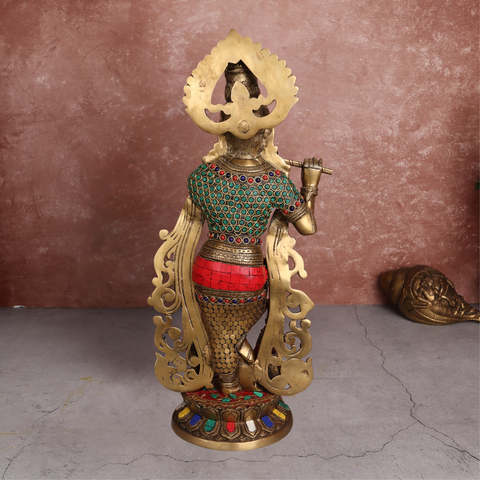 Brass Krishna With  Stone Work