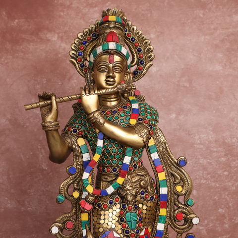 Brass Krishna With  Stone Work