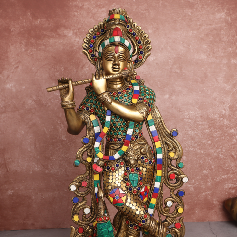 Brass Krishna With  Stone Work