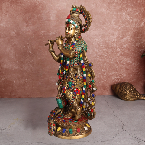 Brass Krishna With  Stone Work