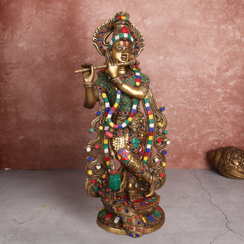 Brass Krishna With  Stone Work